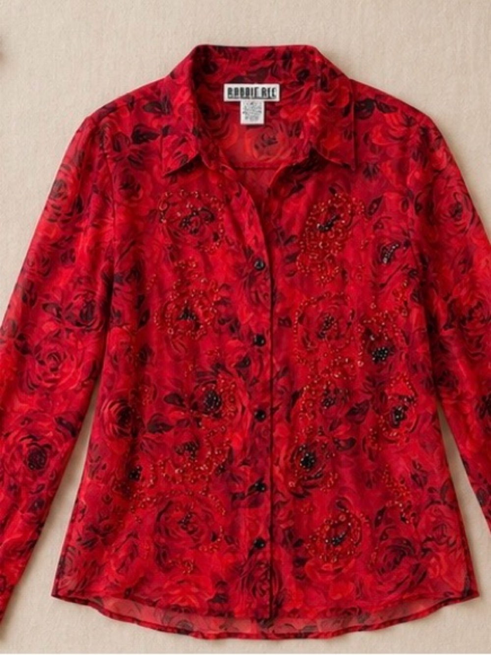 Vintage Robbie Bee Red Floral Button-Down Shirt with Bead Accents Size 12